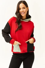 Olalook Women's Red Sea Green Color Block Fleece Inner Sweatshirt