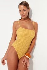 Trendyol Mustard Gingham/Plaid Square Collar Textured Regular Leg Swimsuit