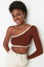 Trendyol Brown Crop One-Shoulder Knitwear Blouse