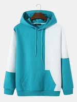 Mens Color Block Patchwork Kangaroo Pocket Textured Drawstring Hoodies