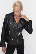 Trendyol Black Oversized Pocket Detailed Faux Leather Biker Jacket Coat