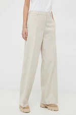 Ľanové nohavice Calvin Klein béžová farba, široké, vysoký pás