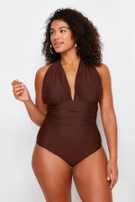 Trendyol Curve Brown Deep V Back Crossover Swimsuit