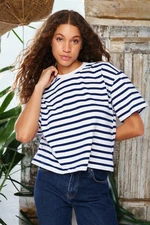 Trendyol Navy Blue Striped 100% Cotton Asymmetrical Loose/Relaxed Cut Knitted T-Shirt