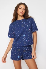 Trendyol námořnicky modrá 100% bavlněná pletená pyžama s galaktickým vzorem