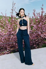 Trendyol X Zeynep Tosun Navy Blue Belted Glittery Knitted Pants