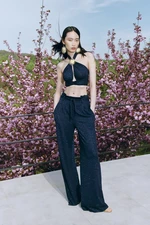 Trendyol X Zeynep Tosun Navy Blue Belted Lurex Knitted Trousers