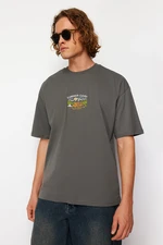 Trendyol Anthracite Oversize/Wide Cut Short Sleeve Landscape Embroidered 100% T-Shirt