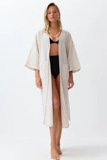 Trendyol Striped Belted Maxi Woven Linen Blend Kimono & Kaftan