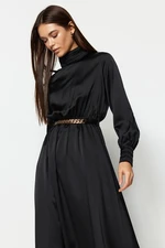 Trendyol Black Collar and Cuff Draped Detail Belted Woven Evening Dress