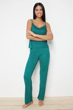 Trendyol Green Polka Dot Lace Detailed Rope Strap Viscose Knitted Pajama Set