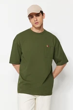 Trendyol Khaki Oversize/Wide-Fit Pocket Paperclip Embroidered Short Sleeve 100% Cotton T-Shirt