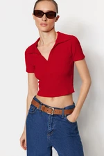 Trendyol Red Fitted/Situated Crop Polo Neck Ribbed Stretch Knitted Blouse