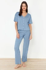 Trendyol Blue 100% Cotton Button and Pocket Detailed Ribbed Knitted Pajama Set