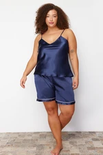 Trendyol Curve Navy Blue Satin Piping Woven Pajamas Set