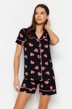 Trendyol Multi Color 100% Cotton Heart Patterned Piping Detailed Shirt-Shorts Knitted Pajamas Set