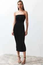 Trendyol Black Body Fitted Lined Glittered Glittered Knitted Elegant Evening Dress