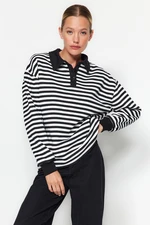 Trendyol Black Striped Polo Neck Thick Fleece Inside Oversized Knitted Sweatshirt