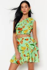 Trendyol Fruit Patterned Woven Flounce One Shoulder Blouse Skirt Set