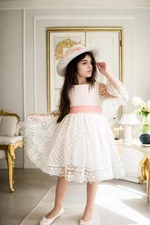 N8712 Dewberry Princess Model Girls Dress with Hat & Lace-WHITE