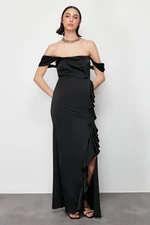 Trendyol Black Flounce Woven Satin Long Evening Evening Dress