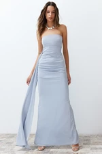 Trendyol Blue Sparkly Knitted Long Evening Evening Dress