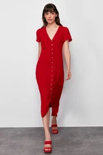 Trendyol Red Straight Cut Button Detail V-neck Midi Woven Dress