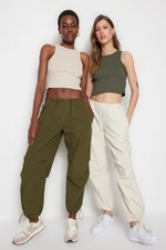 Trendyol Khaki-Beige 2-Pack Priliehavý Crop Halterneck Manšestr, Pružný Pletený Jednoduchý Tielko