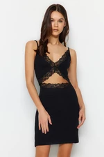 Trendyol Black Cotton Lace Rope Strap Ribbed Knitted Nightgown