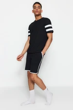 Trendyol Black Regular Fit Crew Neck Pajama Set with Striped Shorts