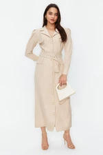 Trendyol Stone Belted Linen Look Woven Shirt Dress