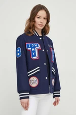 Vlněná bomber bunda Tommy Hilfiger tmavomodrá barva, přechodná, WW0WW40479