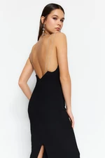 Trendyol Black Fitted Evening Dress with Knit and Shiny Stones