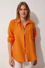 Happiness İstanbul Women's Orange Oversize Linen Airon Shirt