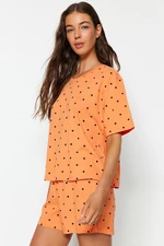Trendyol oranžovo-viacfarebná 100% bavlnená súprava pyžama so srdcovým vzorom - tričko a šortky