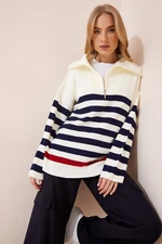 Happiness İstanbul Women's Ecru Navy Blue Striped Zipper Collar Oversized Knitwear Sweater