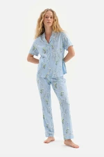 Dagi Light Blue Shirt Collar Floral Pattern Knitted Pajamas Set