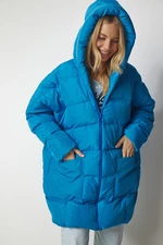 Šťastie İstanbul Dámske Sky Blue Kapucňa Oversize Puffer Kabát