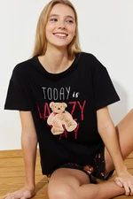 Trendyol Black 100% Cotton Teddy Bear Printed Knitted Pajamas Set