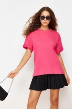 Trendyol Fuchsia 100% Cotton Premium Oversize/Wide Fit Crew Neck Knitted T-Shirt