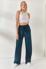 Olalook Women's Petrol Blue Belted Woven Viscon Palazzo Trousers