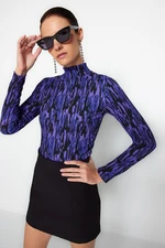 Trendyol Purple Printed Fitted/Situated Collar Long Sleeve Crepetail/Textured Knitted Blouse