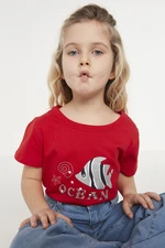 Trendyol Red Glitter Printed Girls' Knitted T-Shirt