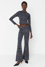 Trendyol Navy Blue Patterned Flare/Flare-Down Leg High Waist Knitted Pants