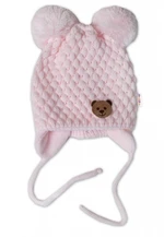 Zimní pletená čepice Teddy Bear na zavazování, růžová, Baby Nellys, vel. 56-68 (0-6 m)