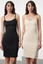 Trendyol Lining Black-Stone 2-Pack Strappy Body-Smoothing Mini Knitted Dress