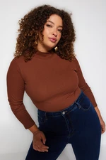 Trendyol Curve Brown High Neck Bodycone Ribbed Knitted Blouse