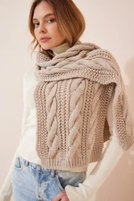 Happiness İstanbul Women's Beige Knitted Detailed Sweater Scarf