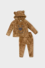 DEFACTO Baby Boy Teddy Bear Embroidered Hooded Sweatshirt Elastic Waist Plush 2-Piece Set