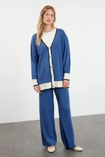 Trendyol Indigo Color Block Knitwear Cardigan Trousers Bottom-Top Set